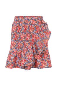 Rok met bloemenpatroon in oranje, blauwe en roze tinten; heeft een smockband en een gelaagde zoom voor textuur.