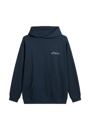 Sweat à capuche bleu marine en mélange de coton doux, doté d'une poche kangourou à l'avant, de manches longues et d'une capuche avec cordon de serrage. Logo texte sur la poitrine.