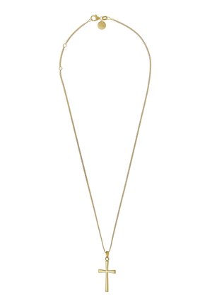 Gold chain necklace with a simple gold cross pendant and a small round tag near the clasp.