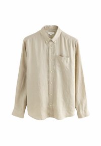 Beige Knopfhemd mit Kragen, langen Ärmeln und einer Brusttasche. Hat eine dezente Textur und weiße Knöpfe entlang der Vorderseite.