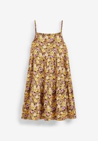 Vestido de flores con tirantes finos, que presenta un patrón de flores en amarillo, marrón y rosa, con dobladillo en capas y fabricado en algodón ligero.