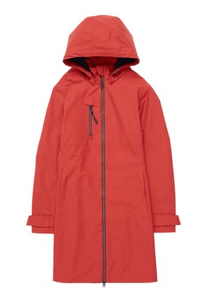 Red waterproof coat with a hood, long sleeves, zip closure, and a chest pocket. Features a sleek design and no visible patterns.