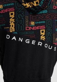 Black hoodie featuring a bold pattern of colorful "DNGRS" text. The lower section has "DANGEROUS" in large white letters. Soft fabric, standard fit.