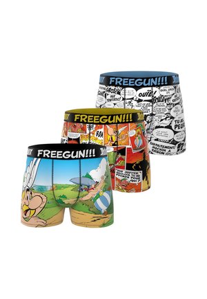 Trois paires de boxers Freegun avec des designs de bande dessinée Astérix, comportant des scènes de dessins animés colorées et des panneaux de texte de bande dessinée en noir et blanc.