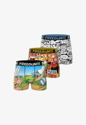 Trois paires de boxers Freegun avec des designs de bande dessinée Astérix, comportant des scènes de dessins animés colorées et des panneaux de texte de bande dessinée en noir et blanc.