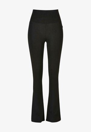 Black flared leggings with a high waistband, made from a smooth, stretchy material. Features a fitted silhouette and subtle seams.