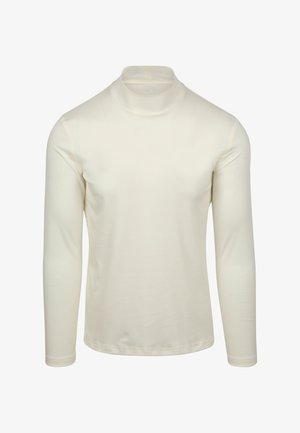 Cremfarbener Langarm-Turtleneck aus weichglattem Stoff. Hat ein tailliertes Design mit hohem Kragen und ohne sichtbare Muster.