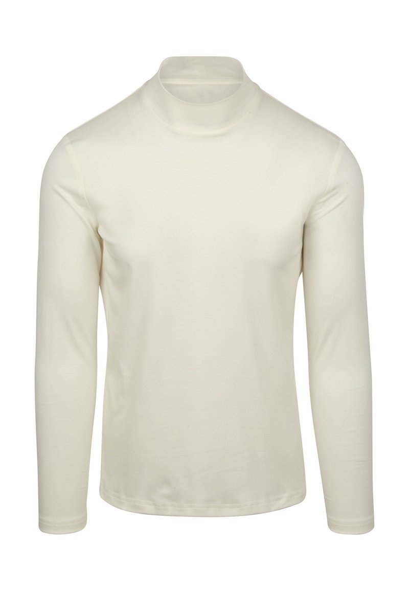 Crème-kleurige, lange mouwen turtleneck gemaakt van een zachte, gladde stof. Heeft een aansluitend ontwerp met een hoge kraag en geen zichtbare patronen.
