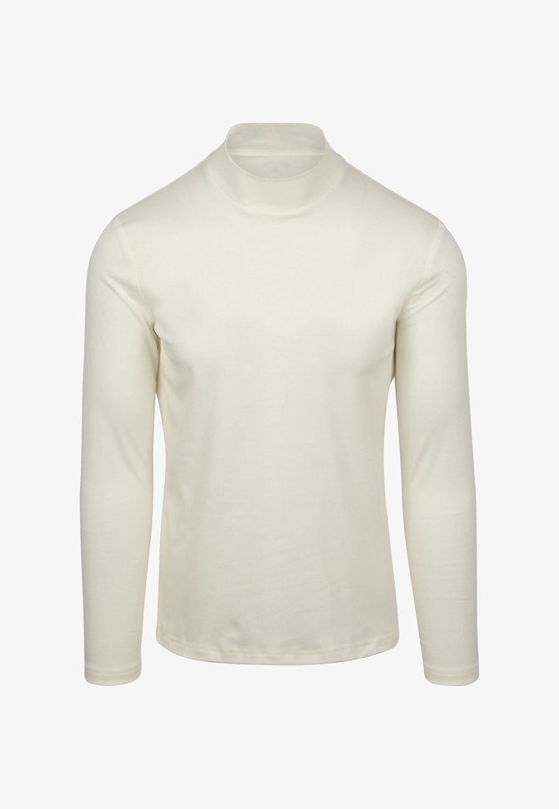 Crème-kleurige, lange mouwen turtleneck gemaakt van een zachte, gladde stof. Heeft een aansluitend ontwerp met een hoge kraag en geen zichtbare patronen.