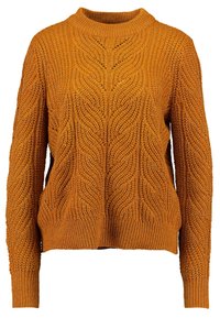 Pull tricoté orange avec un motif texturé en câble. Présente un col rond et des poignets et ourlet côtelés. Manches mi-longues.