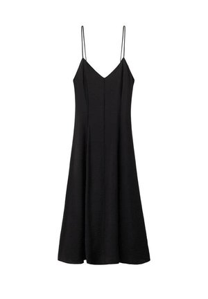 Vestido midi negro sin mangas con tirantes finos de espagueti y un sutil escote en V, ligeramente acampanado en el dobladillo.