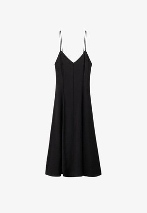 Black sleeveless midi dress with thin spaghetti straps and a subtle V-neckline, flaring slightly at the hem.