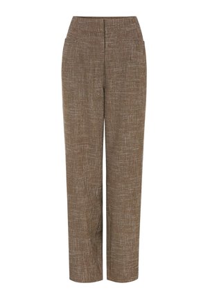 Bruine, gestructureerde wijde broek met een subtiel lineair patroon, voorzien van twee zijzakken en een nauwsluitende tailleband.