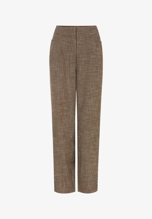 Hnědé široké kalhoty s texturou a jemným lineárním vzorem, s dvěma bočními kapsami a přiléhavým pasem.