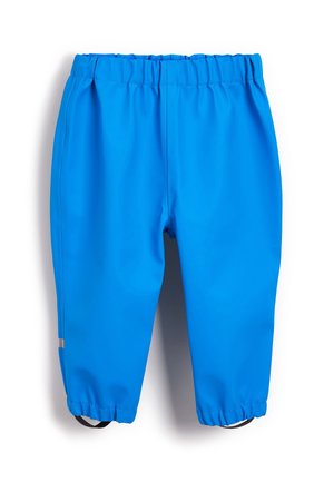 Pantalon imperméable pour enfants bleu vif avec taille et poignets élastiques, avec des sangles noires pour les pieds et une petite bande réfléchissante sur le côté.