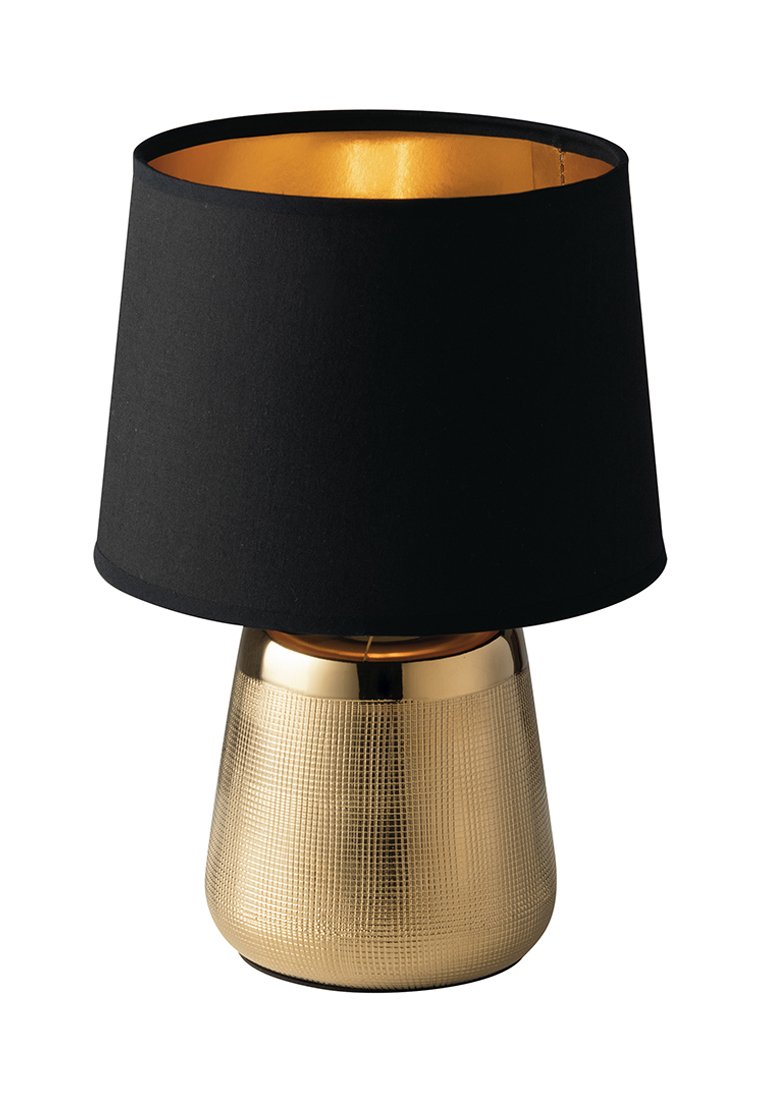 Tafellamp met een gestructureerde gouden basis en een cilindrische zwarte stoffen kap, voorzien van een gladde gouden voering aan de binnenzijde. Hoogte: ongeveer 30 cm.