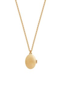 Gold oval locket pendant on a matching gold chain with a smooth, polished surface and a small hinge on the side.