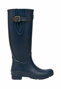 Tengerészkék gumicsizma, lekerekített orral, középmagas szárú, állítható pánttal a tetején és texturált talppal a tapadás érdekében.