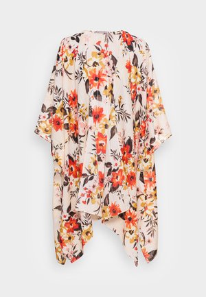 Kvetinový kimono z ľahkej tkaniny. Obsahuje farebný vzor s červenými, oranžovými a žltými kvetmi na svetlom pozadí. Otvorený dizajn.