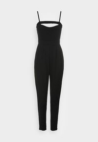 Svart jumpsuit med justerbara axelband, hjärtformad halsringning, utskärningsdetaljer, åtsittande kropp och avsmalnande byxor med veck.