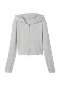 Szara krótka bluza z zamkiem, wykonana z prążkowanej tkaniny. Posiada kaptur, długie rękawy oraz zaokrąglony brzeg na dole. Prosty design.