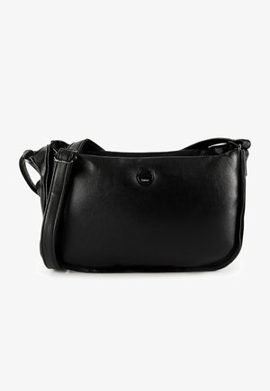 Zwarte leren schoudertas met verstelbare riem en een klein rond metalen logo in het midden.