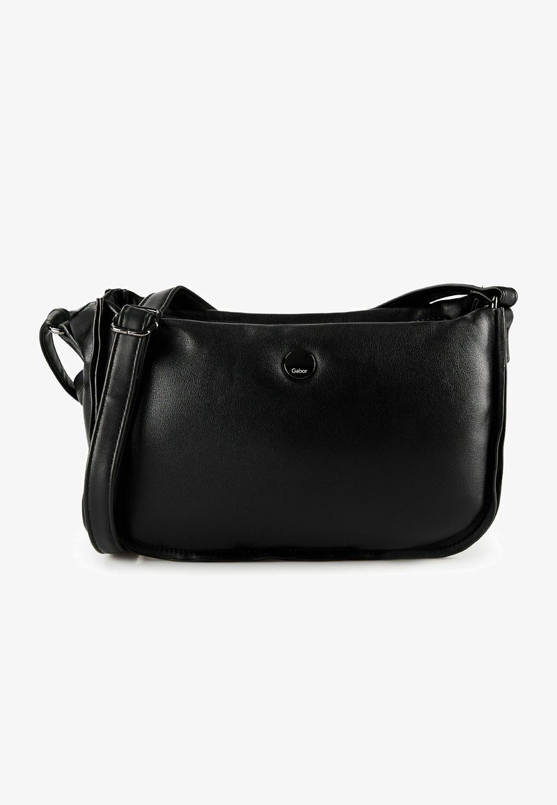 Sac d'épaule en cuir noir avec une bandoulière réglable et une petite plaque métallique ronde avec logo au centre.