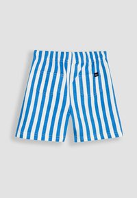 Blå og hvide stribede shorts med elastisk talje, der har to baglommer og et lille sort mærke. Blød stoftekstur.