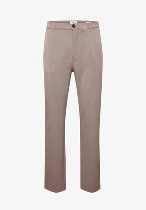 Brązowe dopasowane spodnie wykonane z teksturowanej tkaniny, z płaskim przodem, zamkiem błyskawicznym i dwiema bocznymi kieszeniami.