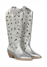 Stivali da cowboy argento con motivi a stella ritagliati, finitura metallica, punta affusolata e tacco basso impilato. Accentuati da strass.