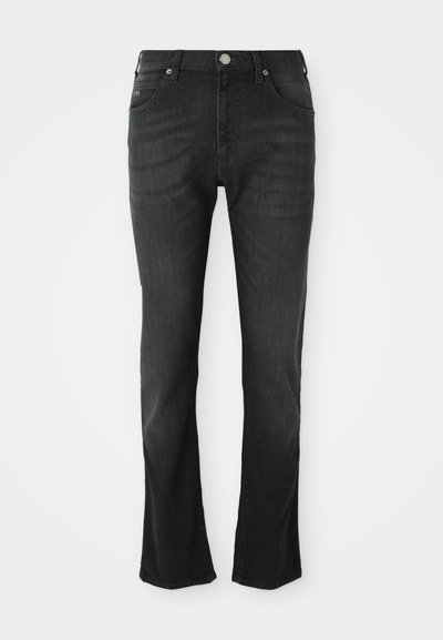 Jeans in denim nero con un design a gamba dritta, caratterizzati da una chiusura anteriore con bottone, cinque tasche e un leggero effetto sfumato sulle cosce.