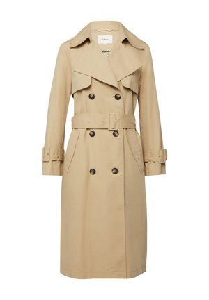 Beige dubbelgebreide trenchcoat met brede revers, taille met ceintuur, knoopmanches en zijzakken.