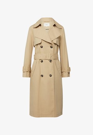 Beżowy płaszcz trencz dwurzędowy z szerokimi klapami, paskiem w talii, zapinanymi na guziki mankietami oraz bocznymi kieszeniami.