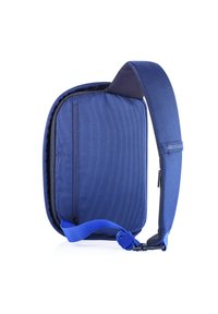 Dunkelblaue Schultertasche aus glattem, strapazierfähigem Stoff. Verfügt über ein Reißverschlussfach, einen gepolsterten Gurt und verstärkte Kanten für Stabilität.