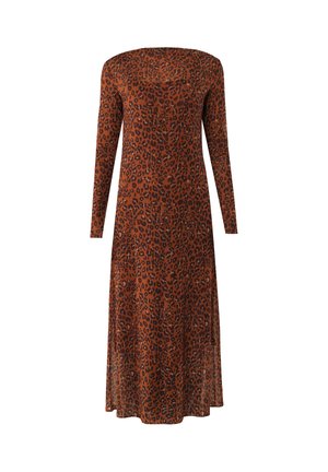 Langarm, off-shoulder jurk in een bruine luipaardprint, gemaakt van lichtgewicht stof met een vloeiende Silhouet.