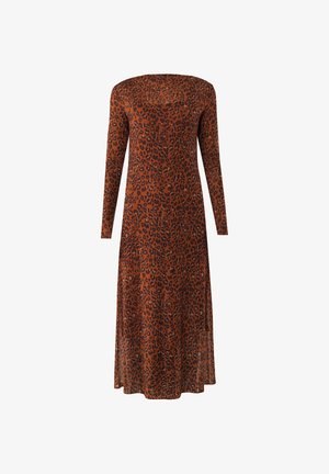 Langarm, off-shoulder jurk in een bruine luipaardprint, gemaakt van lichtgewicht stof met een vloeiende Silhouet.