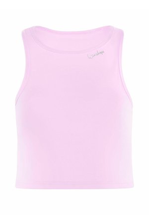Svetlo roza skrajšani tank top iz gladkega, lahkotnega materiala z okroglim izrezom in brez rokavov. Ima majhno logo v zgornjem levem kotu.