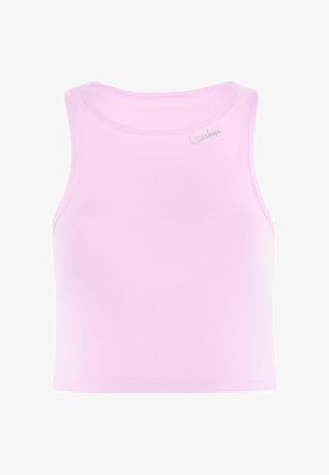 Világos rózsaszín, cropped tank top, sima, könnyű anyagból, kerek nyakkal és ujjatlan kialakítással. Az üst bal felső sarkában egy apró logó található.