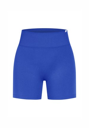 Modré sportovní šortky s širokým žebrovaným pasem. Hladká textura, přiléhavý střih a délka do poloviny stehen; žádné viditelné logo ani ozdoby.