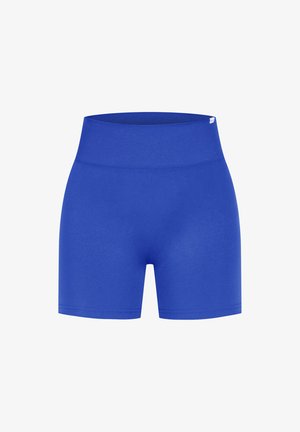Modré sportovní šortky s širokým žebrovaným pasem. Hladká textura, přiléhavý střih a délka do poloviny stehen; žádné viditelné logo ani ozdoby.