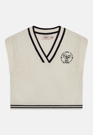 Bílý pletený top bez rukávů s véčkovým výstřihem, s černými pruhy na límci a lemu, a vyšívaným textem a motivy na přední straně.