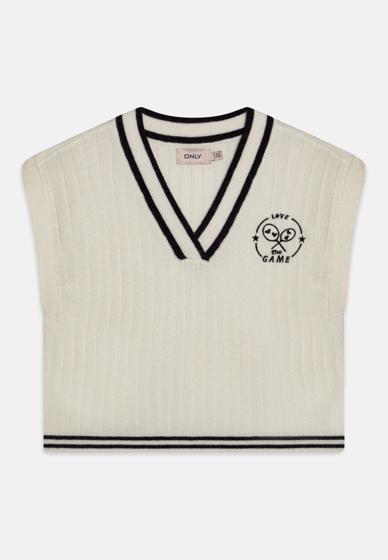 Haut sans manches en tricot blanc avec un col en V, doté de rayures noires sur le col et l'ourlet, avec du texte et des motifs brodés à l'avant.