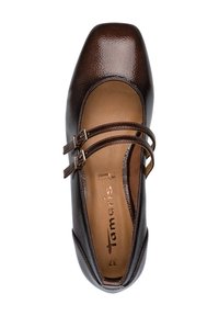 Chaussure Mary Jane en cuir marron avec bout carré, deux brides, texture lisse et détail de marque à l'intérieur. Taille 37 indiquée sur la semelle intérieure.