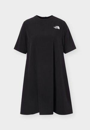 Czarna codzienna sukienka z krótkim rękawem, okrągłym dekoltem i białym logo The North Face na górnej lewej stronie klatki piersiowej.