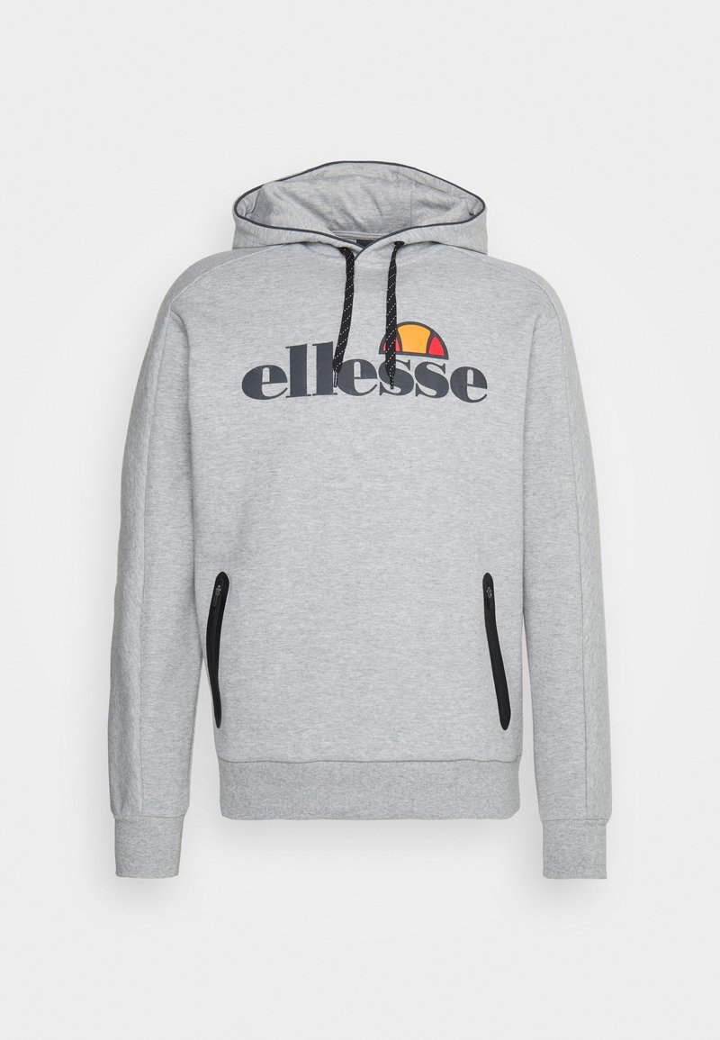 Sweat à capuche gris clair avec cordons noirs, poches latérales zippées noires et logo « ellesse » avec un demi-cercle orange et rouge sur la poitrine.