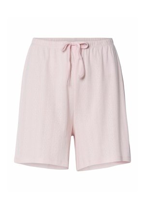 Lyserøde bomuldsbukser med struktureret mønster, elastisk talje og justerbar snøre. Længde til midten af låret.