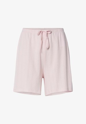 Lyserøde bomuldsbukser med struktureret mønster, elastisk talje og justerbar snøre. Længde til midten af låret.