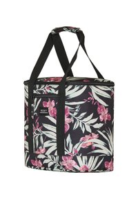 Bolsa térmica negra aislada con un diseño floral de orquídeas rosas y hojas verdes. Cuenta con dos asas negras resistentes y un bolsillo con cremallera.