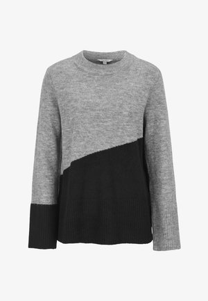 Grau- und schwarz farblich abgesetzter Pullover; aus weichem Stoff mit Rundhalsausschnitt und geripptem Saum. Verfügt über ein diagonales Design mit unterschiedlichen Texturen.