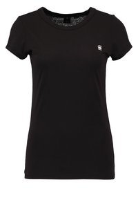 Svart kortärmad åtsittande t-shirt med rund halsringning och liten vit logotyp på vänster bröst.